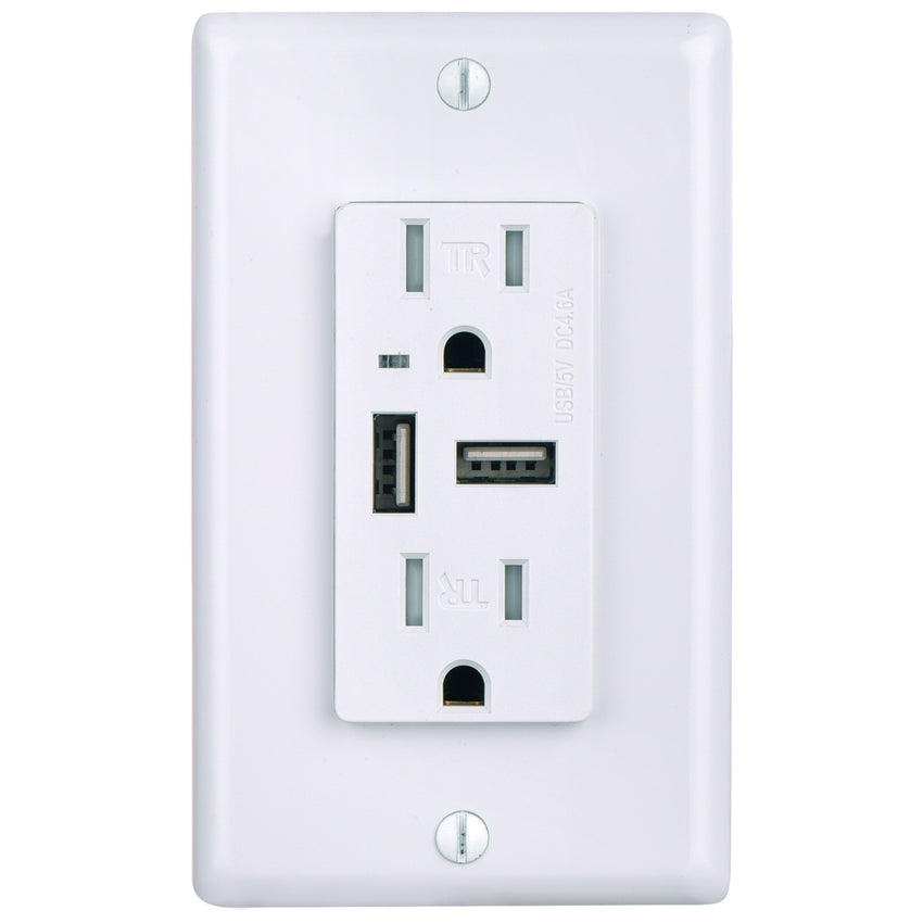 Usb Charger And Duplex Receptacle, White Finish